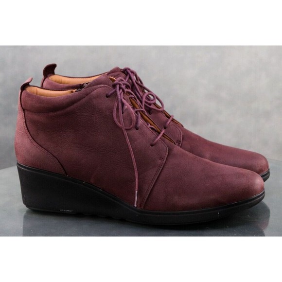 Clarks Unstructured Women's Wedge Booties Boots Size 11 Leather Plum 13285 - Picture 4 of 13